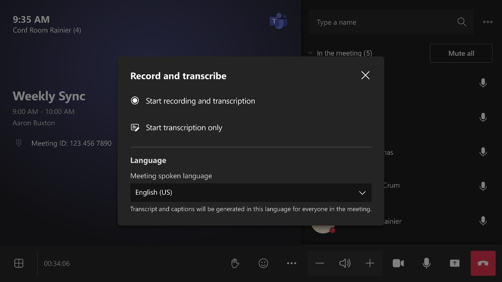A screen with the record and transcription controls in a Teams Rooms on Android console.