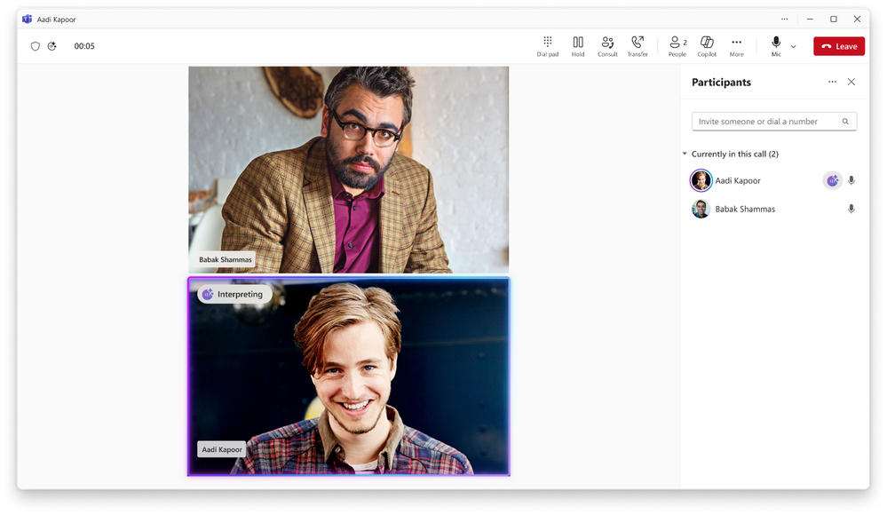 An example of Interpreter in a Teams call, showing two participants and the “Interpreting” indicator in the top left corner of one of the participants’ image.