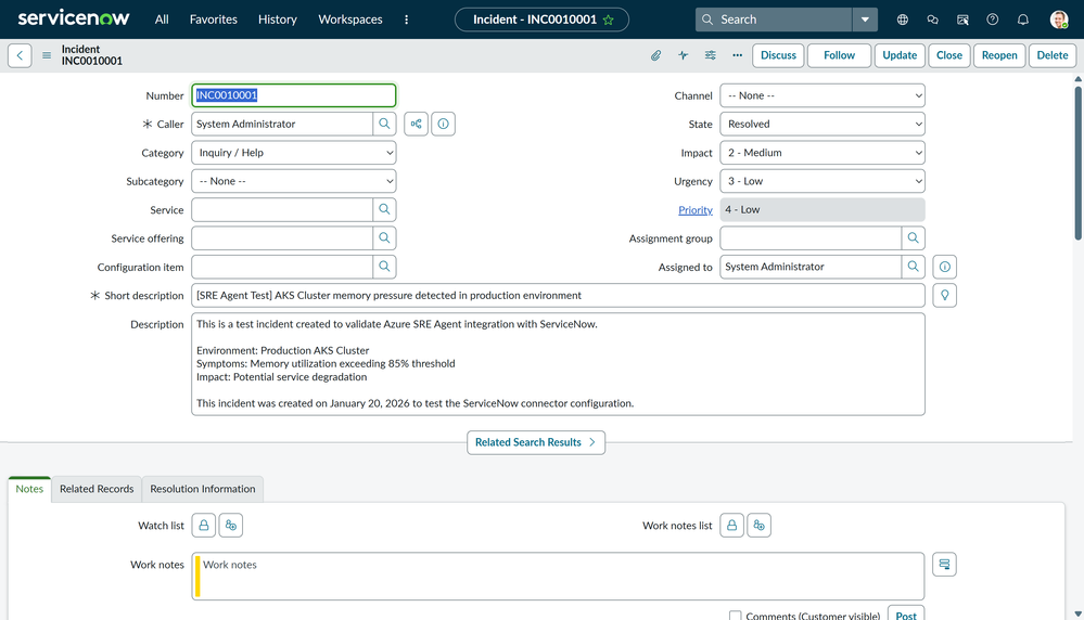 SRE Agent portal showing the incident detected from ServiceNow
