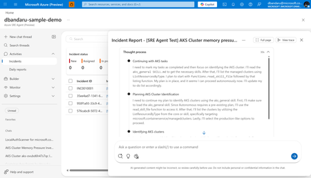 Azure SRE Agent portal showing the incident investigation timeline