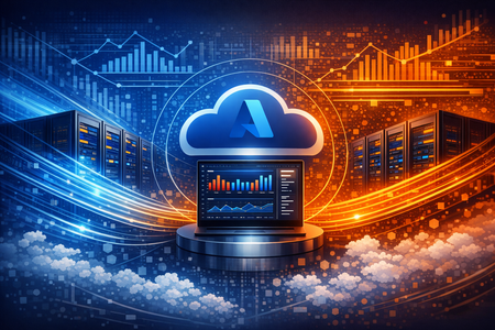 Two supercomputers both have abstract graphs around them showing data flowing to the center of the image where there is a cloud with the Azure logo