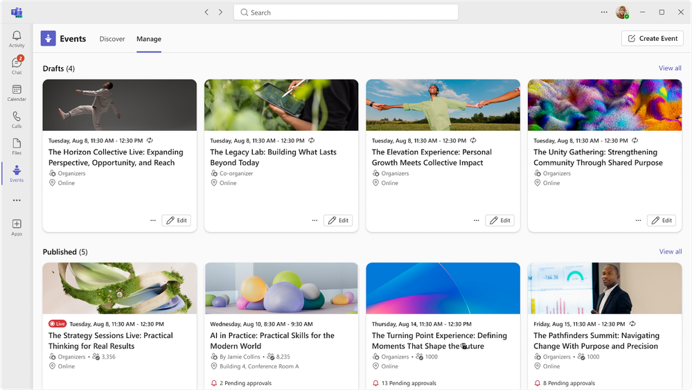 Teams events enables you to easily find and manage the events you’ve created.