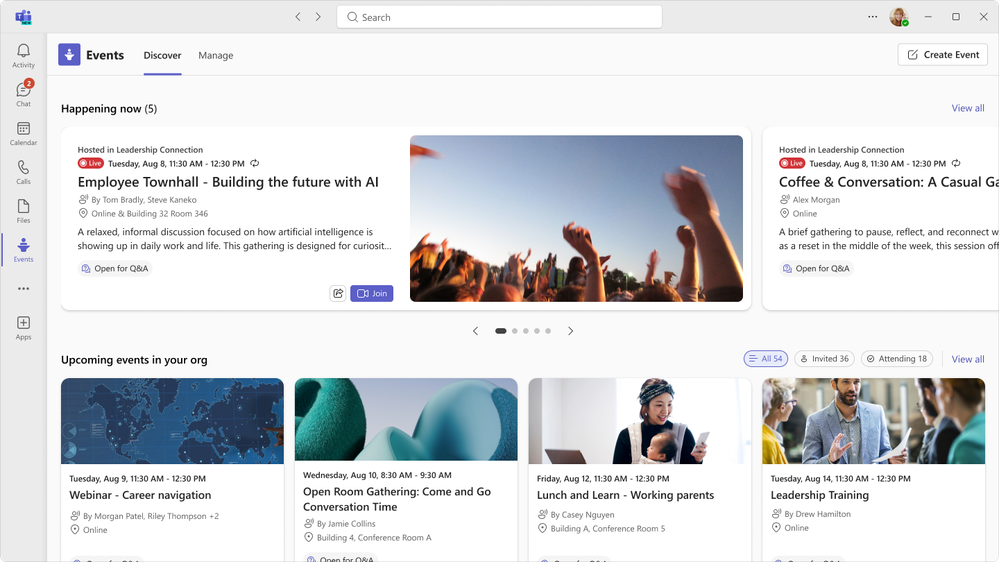 Teams events Discover tab is where you’ll find events in your organization including those you’re invited to and registered for.