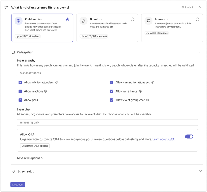 Teams events - easy to customize, based upon desired experience and more granular features.