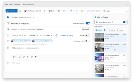 New event calendaring experience featuring Places Finder which helps users quickly find available meeting rooms based on capacity, location, and availability.