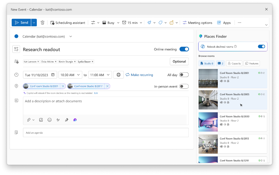 New event calendaring experience featuring Places Finder which helps users quickly find available meeting rooms based on capacity, location, and availability.
