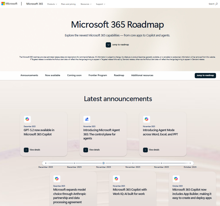 A screenshot of the Microsoft 365 Roadmap with the area headers of Announcements, Now available, Coming soon, Frontier Program, Roadmap and Additional resources.