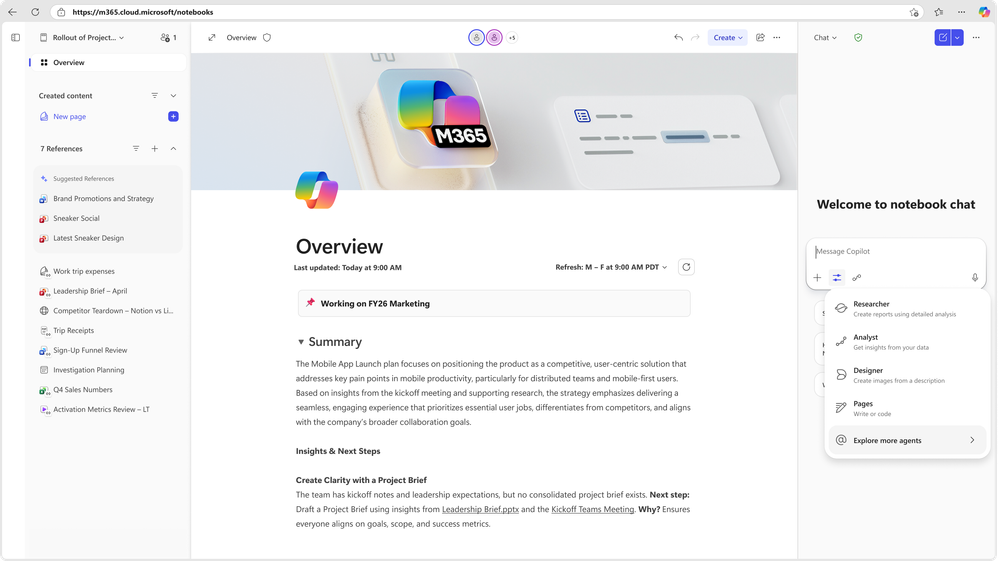 A computer screenshot showing the Notebooks app with a notebook chat open and the option the Explore more agents.