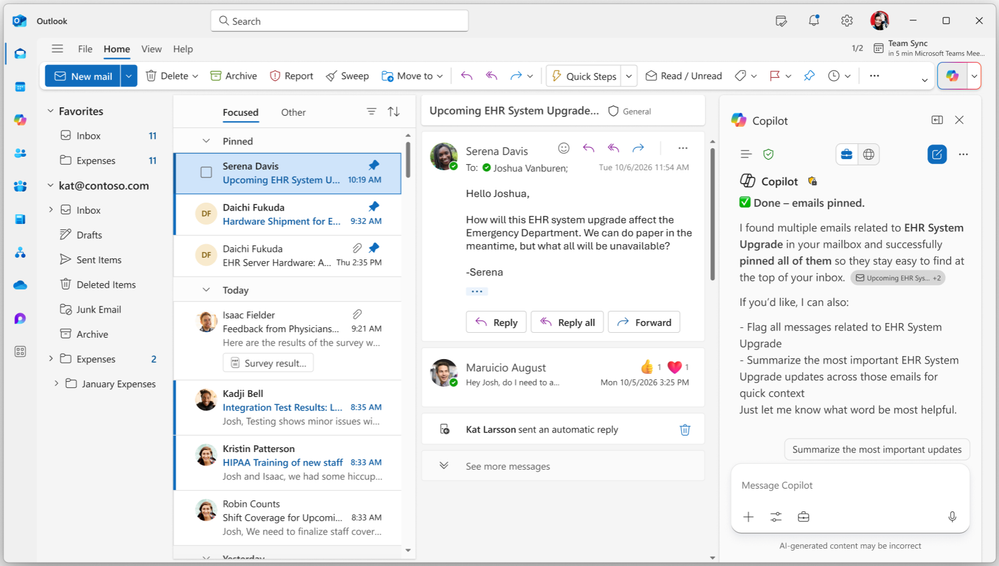 A computer screenshot of the Outlook app with a Copilot Chat window open and working on pinning emails.