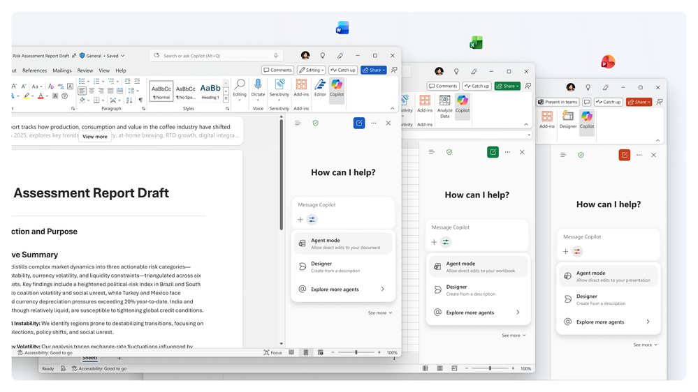Word, Excel, and PowerPoint app windows, overlapping left to right respectively, showing the Copilot Chat side pane with Agent mode open.