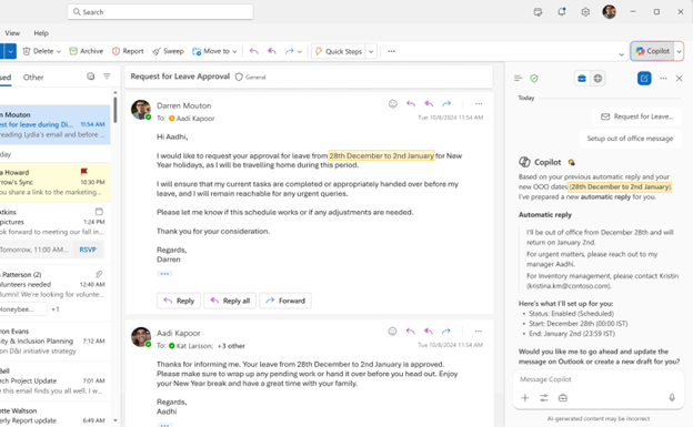 A screenshot of the Outlook app showing the Copilot Chat pane with Copilot preparing an automatic reply for the user.