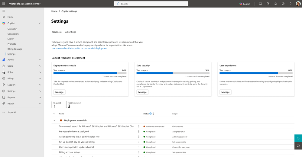an image showing the new Settings > Readiness page in the Microsoft 365 admin center, displaying progress completion towards Copilot readiness categories including deployment essentials, data security, and user experience.