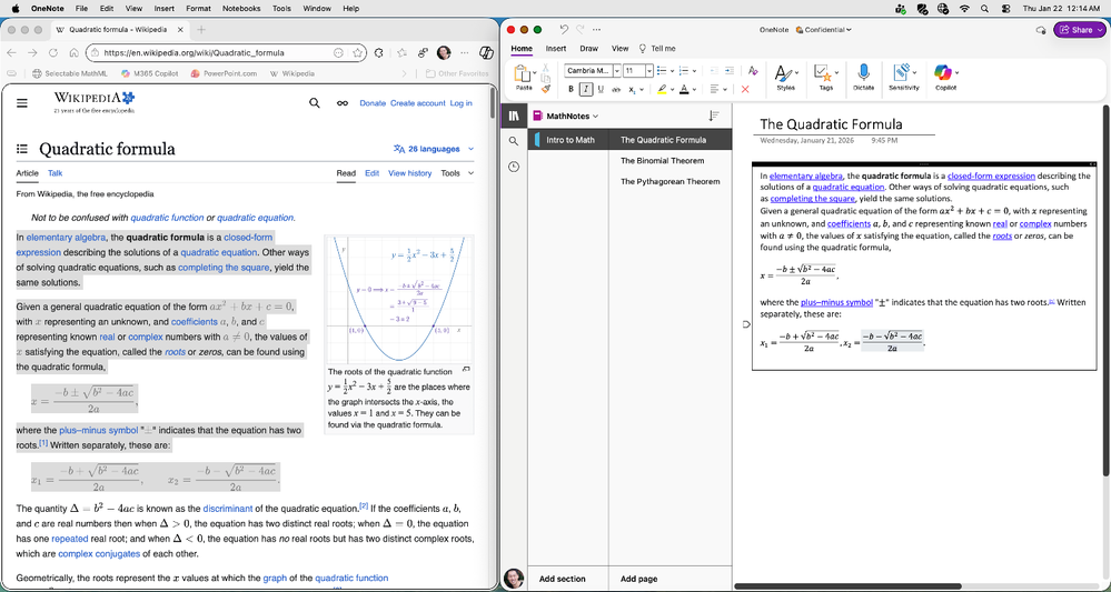 Copying content from Wikipedia page for Quadratic Formula from Edge to OneNote on Mac showing that math is preserved