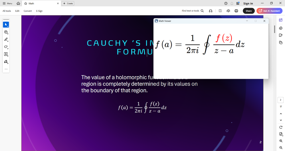 JAWS Math Viewer showing Cauchy's Integral formula with part of it highlighted in red while read PDF of PowerPoint presentation in Adobe Reader