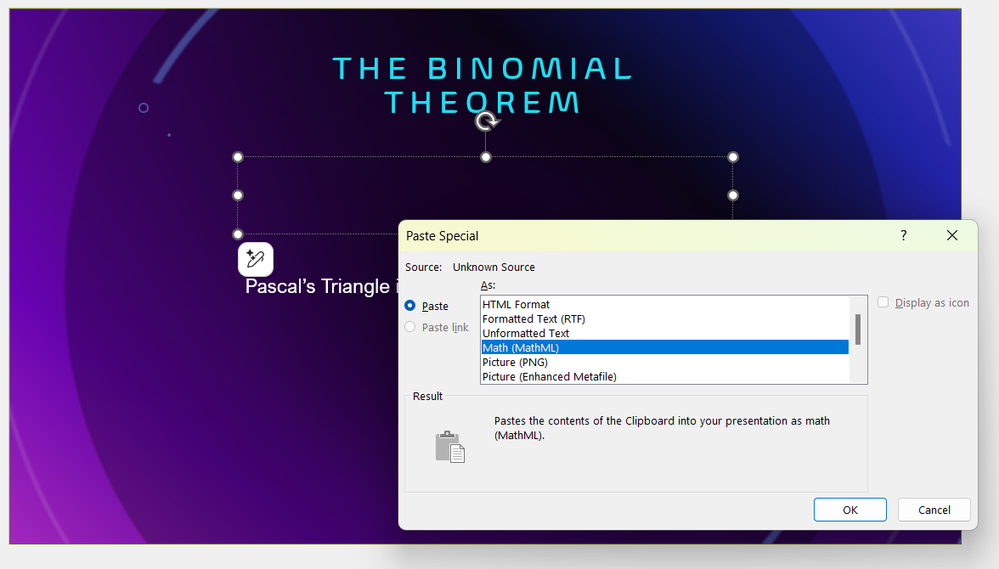 MathML in the list of formats in the Paste Special dialog in PowerPoint for Windows