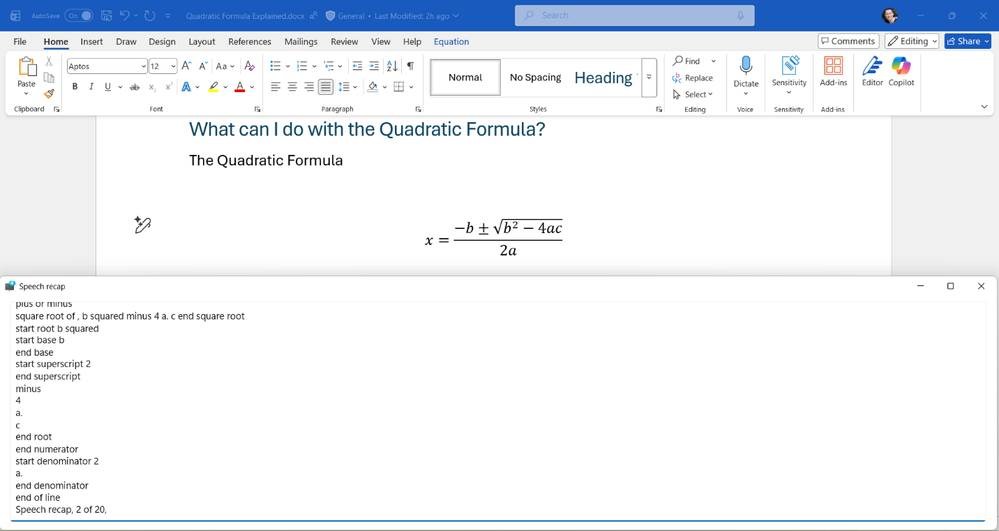 Narrator Speech recap window showing how it reads context for each character while navigating the quadratic formula in Word for Windows