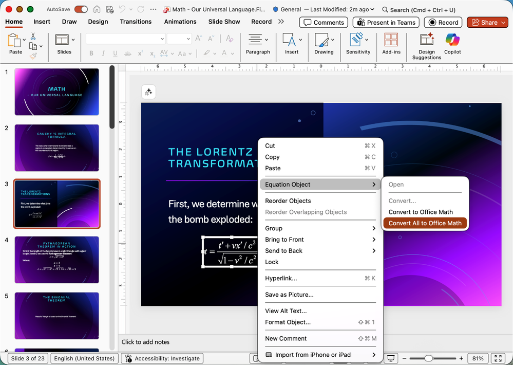 In PowerPoint for Mac, the Convert to Office Math and Convert All to Office Math items appear in the context menu for an Equation Editor object