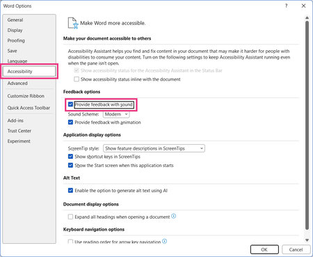 Provide feedback with sound checkbox in the Accessibility tab in the Options dialog in Word for Windows.