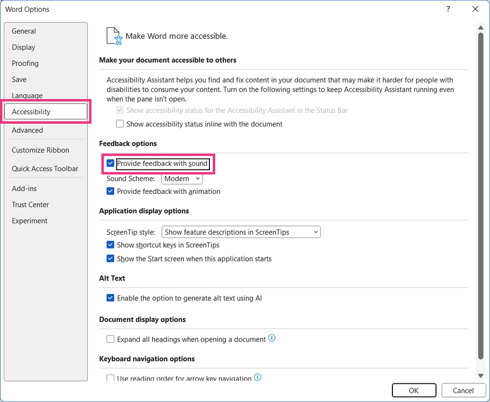 Provide feedback with sound checkbox in the Accessibility tab in the Options dialog in Word for Windows.