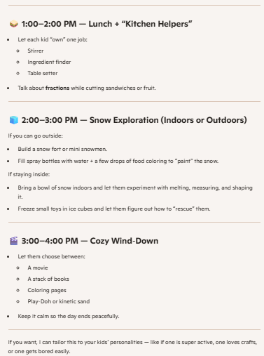 A screenshot of a Microsoft Copilot suggestion for winter activities at home with kids.