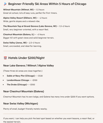 A screenshot of Microsoft Copilot suggestions for skiiing near Chicago.