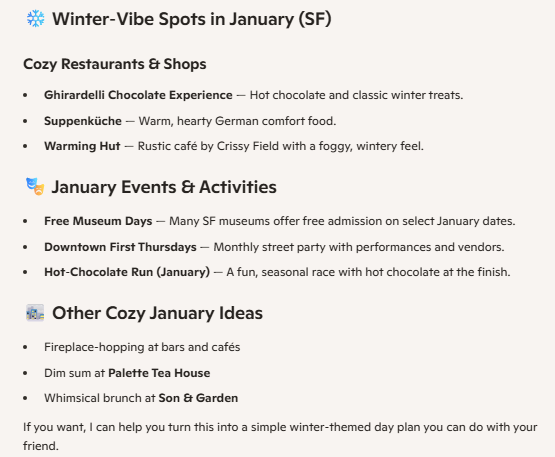 A screenshot of Microsoft Copilot suggestions for winter activities in San Francisco.