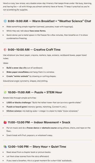 A screenshot of a Microsoft Copilot suggestion for winter activities at home with kids.