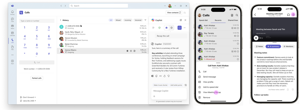 Esempi di chat Copilot nell'app Chiamate su schermi desktop e mobili.