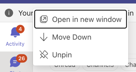 The “Open in new window” popup in Teams