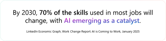 By 2030, 70% of the skills used in most jobs will change, with AI emerging as a catalyst.​ LinkedIn Economic Graph, Work Change Report: AI is Coming to Work, January 2025
