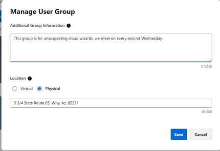 Edit Group Metadata screen showing fields for additional group information and location. A text area allows entry of extra group details, and a location toggle switches between virtual and physical, revealing an address field when physical is selected.