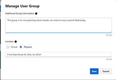 Edit Group Metadata screen showing fields for additional group information and location. A text area allows entry of extra group details, and a location toggle switches between virtual and physical, revealing an address field when physical is selected.