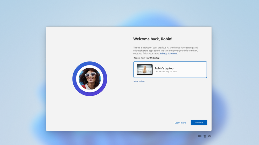 Screenshot of the Windows Backup for Organizations popup at OOBE, confirming the selection of a backed-up PC profile to restore.