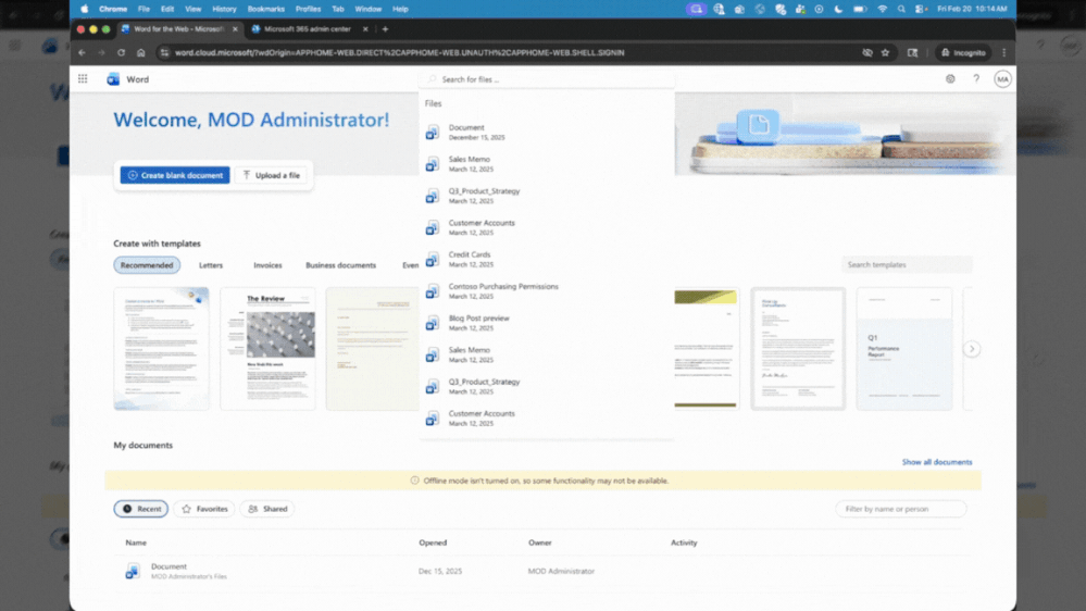 Demo of finding your files on the web app home for Word on the web
