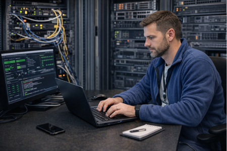 An IT admin sits at a desk in a server room working on their laptop.