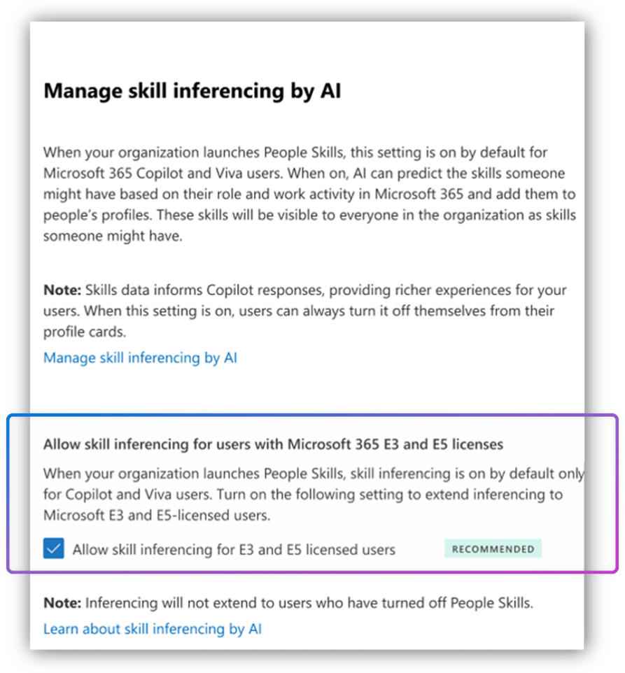 Admin toggle to allow skill inferencing for Microsoft 365 E3 and E5 users.