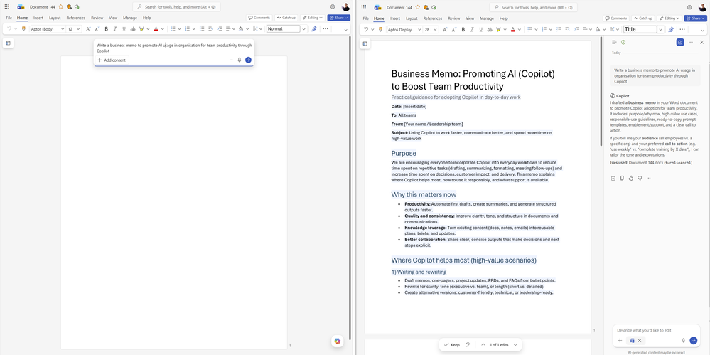 A word document open with a Copilot prompt window turning the request into a new Business Memo.