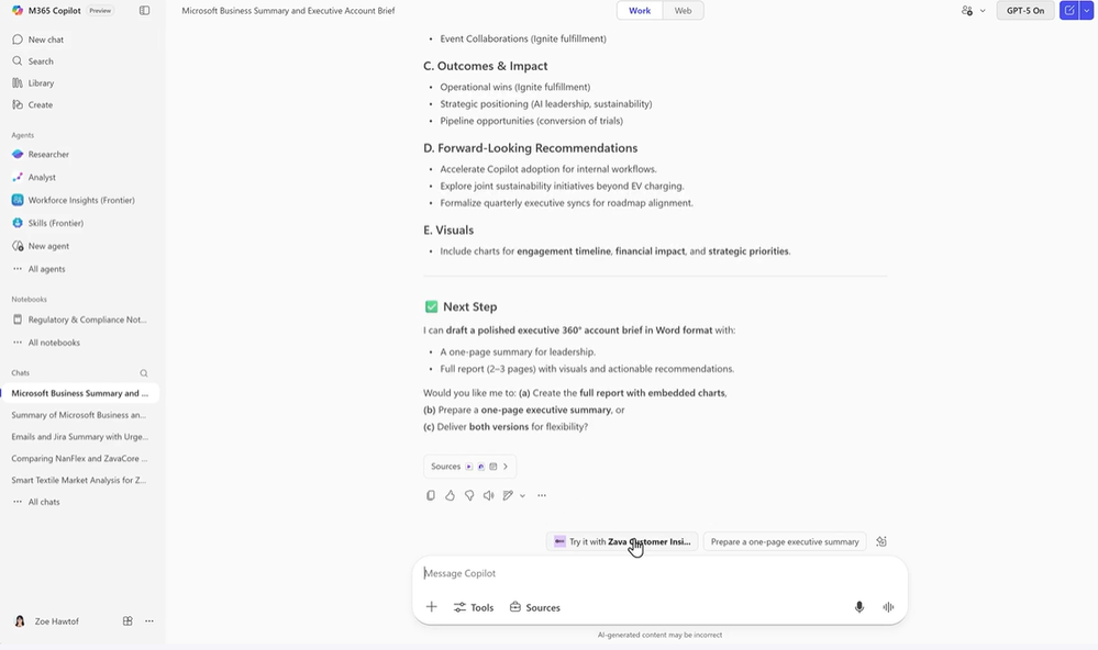 A Microsoft 365 Copilot chat web app in Work mode with a response from Copilot that includes a suggestion to try an agent.