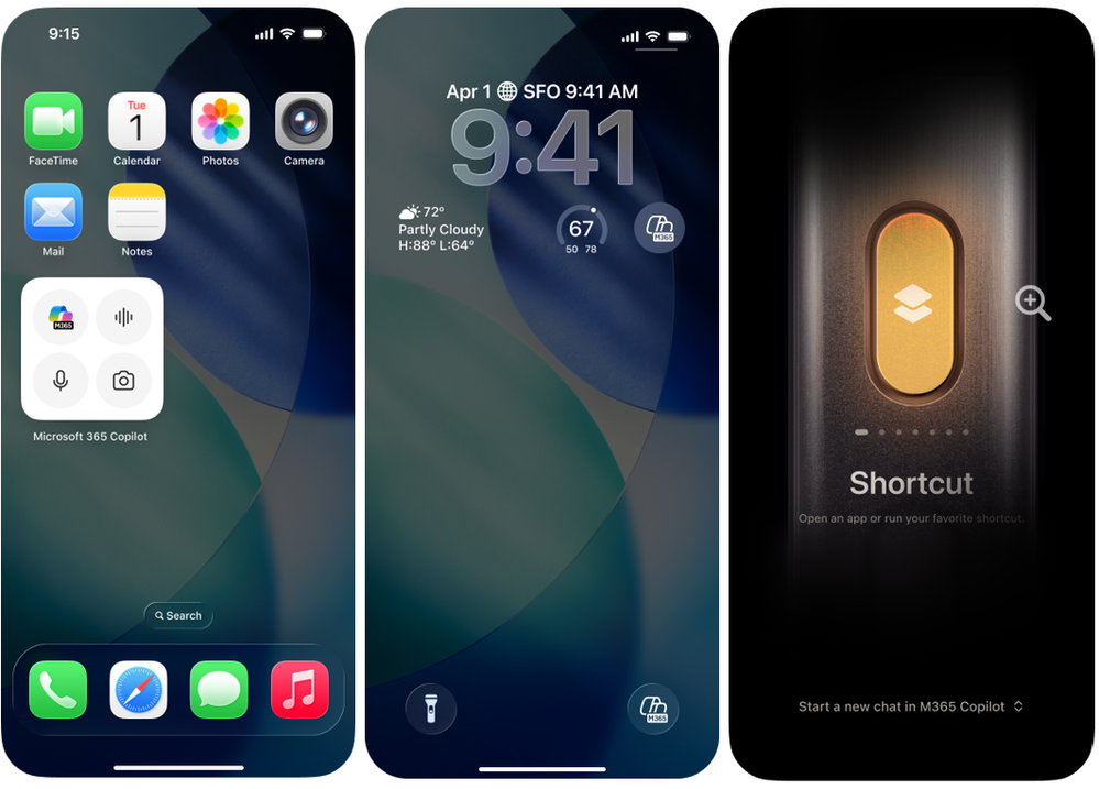 Images of the Copilot home and lock screen widgets, and the action button on an iOS device.
