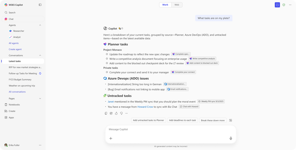 A screenshot of a response in M365 Copilot shows a list of tasks from Planner, Azure DevOps, and a Weekly PM sync.