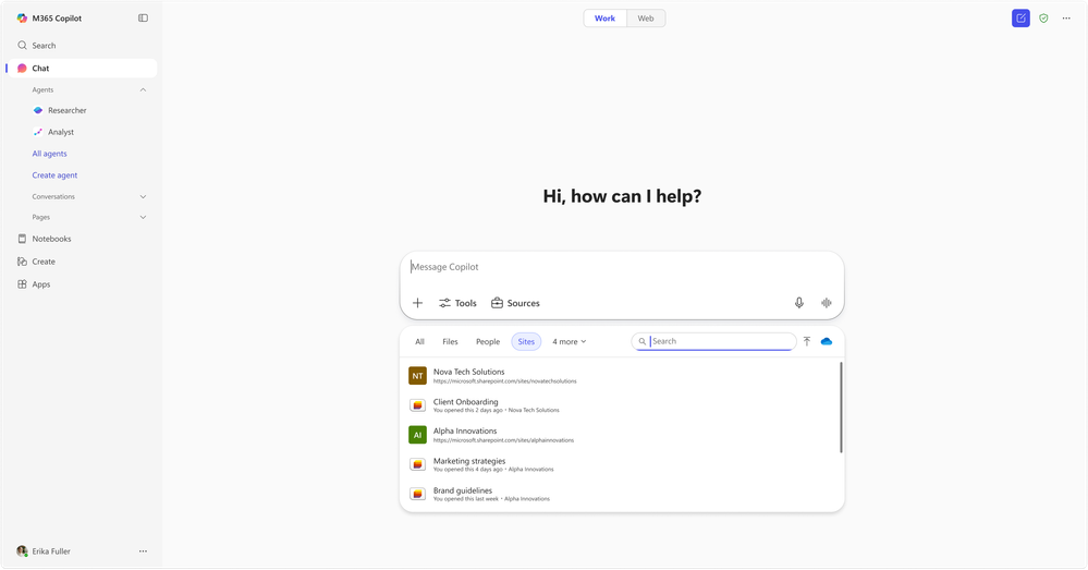 Image of Lists on the “Sites” tab within the Context IQ menu in Copilot Chat.