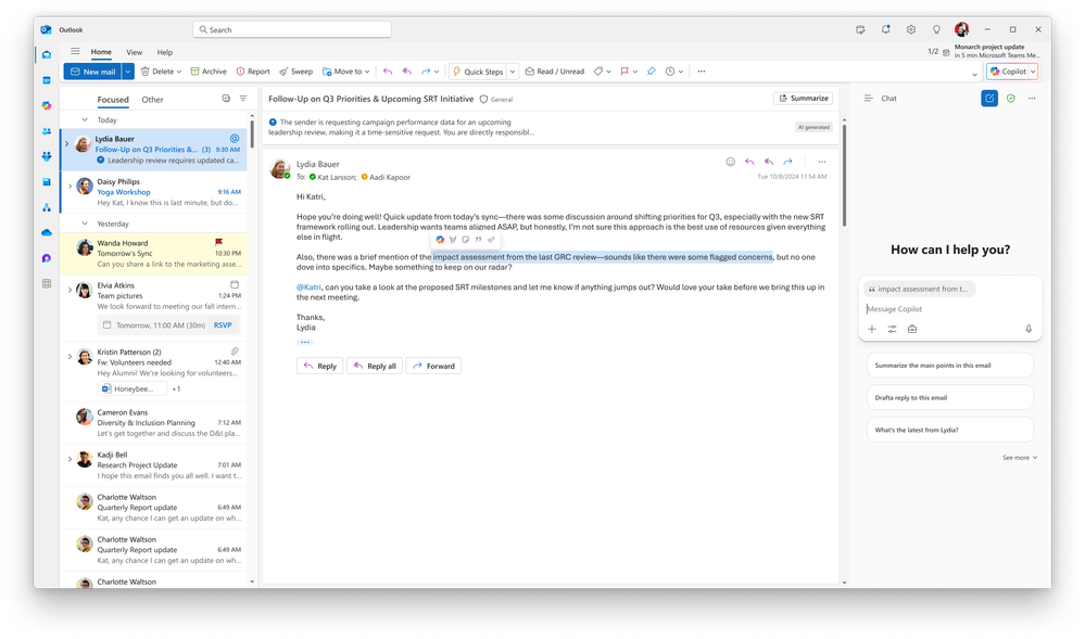 A selection of text highlighted in an email in Microsoft Outlook with a Copilot Chat prompt including the highlighted content.