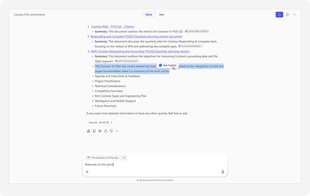 A response in Copilot Chat with a portion of text highlighted and the corresponding “Ask Copilot” button being selected.