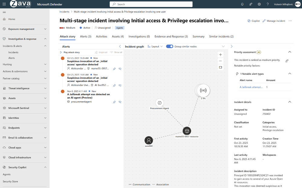 A screenshot of Microsoft Defender showing a multi-stage incident involving initial access and privilege escalation.