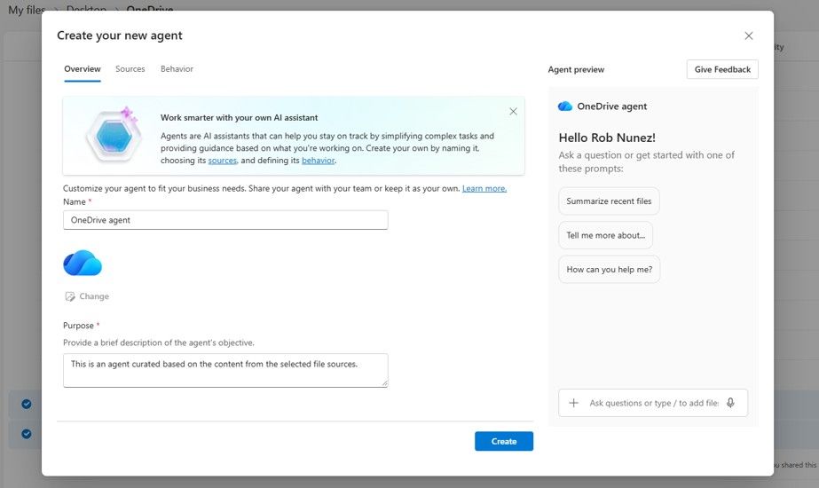 A screen showing a user creating a new agent with an overview and the steps required to create a OneDrive agent.