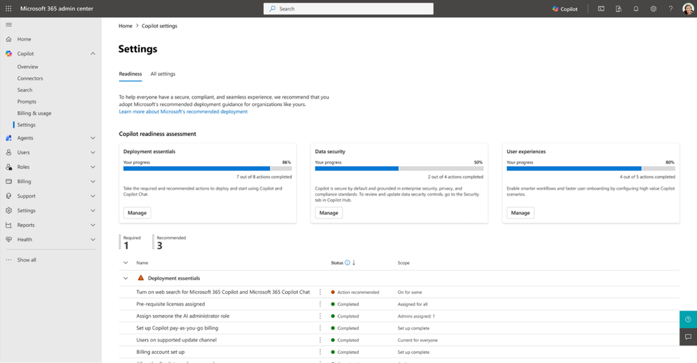 An image showing the new Settings > Readiness page in the Microsoft 365 admin center, displaying progress completion towards Copilot readiness categories including deployment essentials, data security, and user experience.