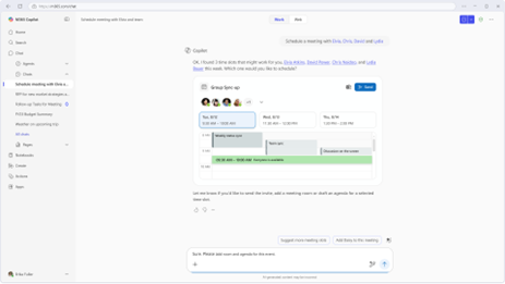 The Microsoft 365 Copilot web app showing a user scheduling a meeting with Copilot responding that there are three time slots that might work.