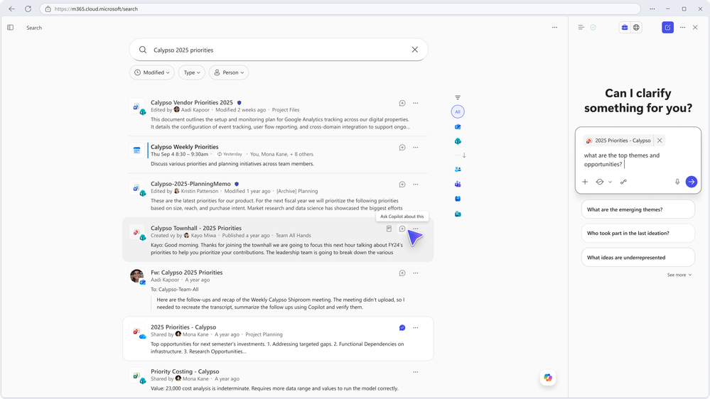 A computer screenshot of the Microsoft 365 Copilot web app with a window open asking “Can I clarify something for you?”