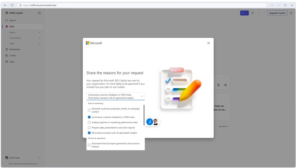 A drop down list with options to share the reason for the request.