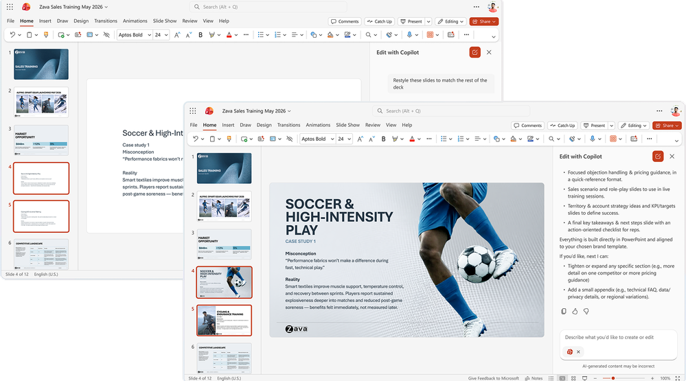 Two screenshots of the PowerPoint web app showing the Edit with Copilot side pane open with a description of what has been created.